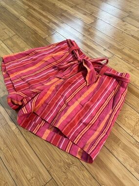 LOFT Linen Blend High Waist Vibrant Striped Paperbag Shorts with Tie Belt